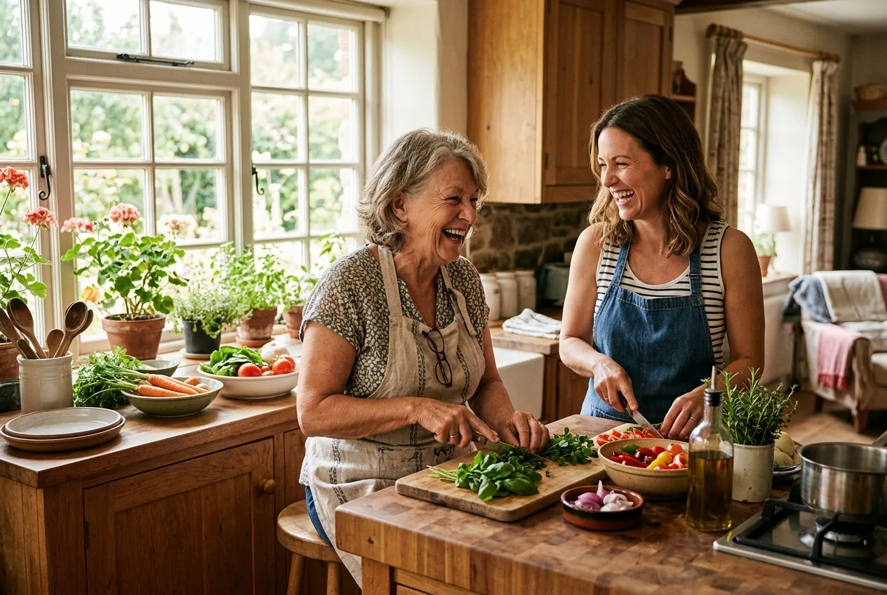A mother and her adult daughter cooking together, laughing, in a warm kitchen