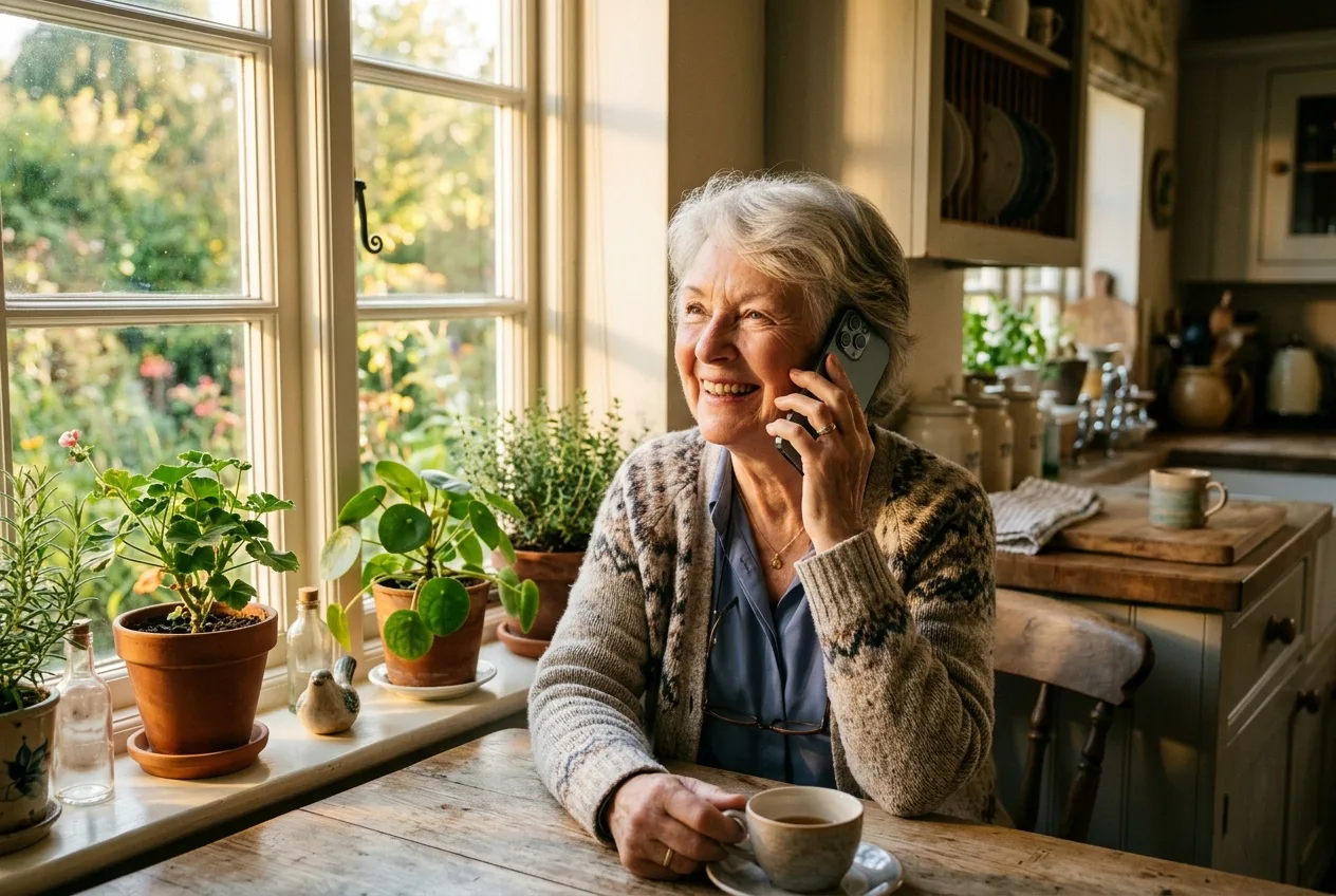 A smiling woman in her seventies at a sunlit kitchen window, on a warm phone call, plants on the sill