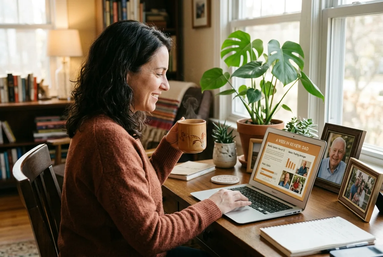 An adult daughter reading a warm weekly report about her father's week at her desk, relieved and hopeful
