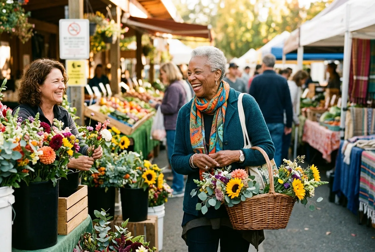 A smiling senior woman carrying flowers at a lively farmers market