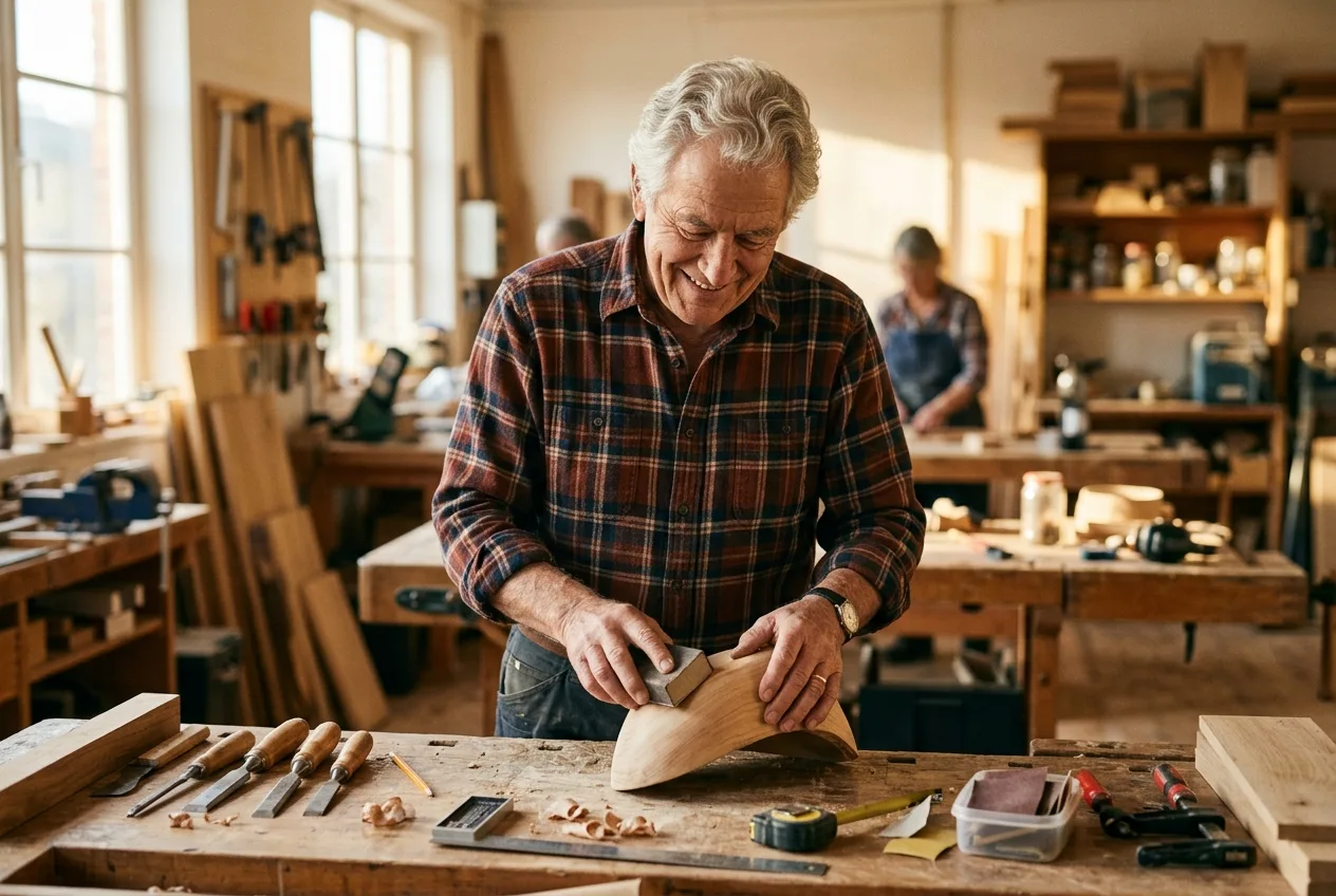 A smiling senior man woodworking at a warm-light workshop, engaged and capable